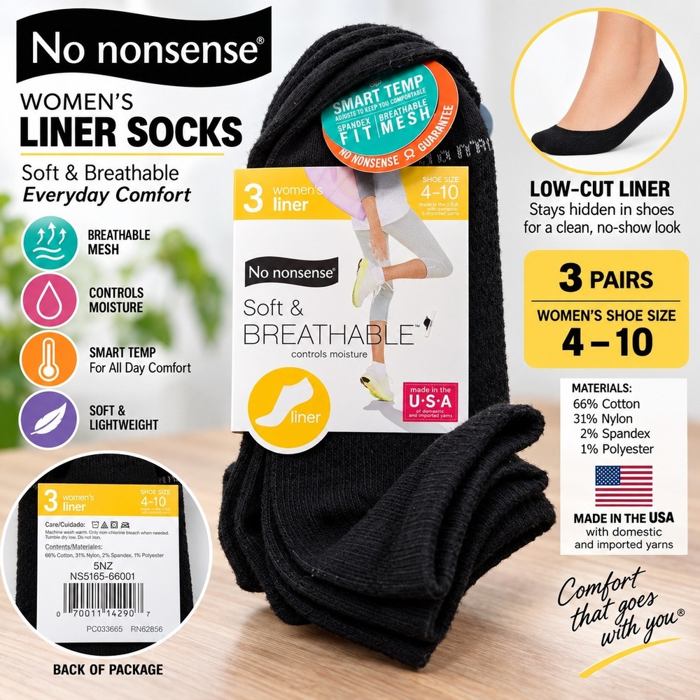 No nonsense Womens Liner Socks 3 Pair Black No Show Smart Temp Size 4-10